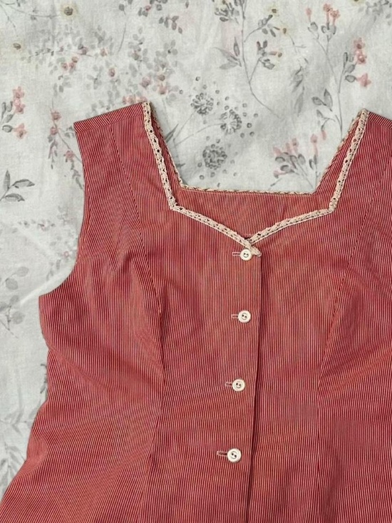 Handmade Dresses & Skirts - Vintage 50s Day Dress Drop Waist Sweetheart Neckline Lace Button Up Red Striped